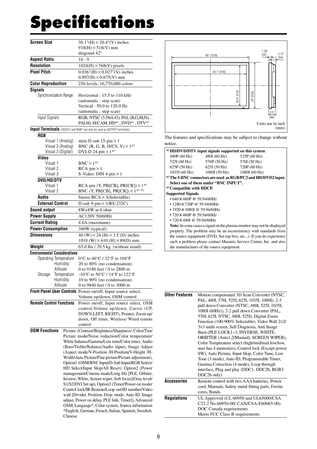 Marantz PD4240D manual Specifications, Rgb, Dvd/Hd/Dtv 