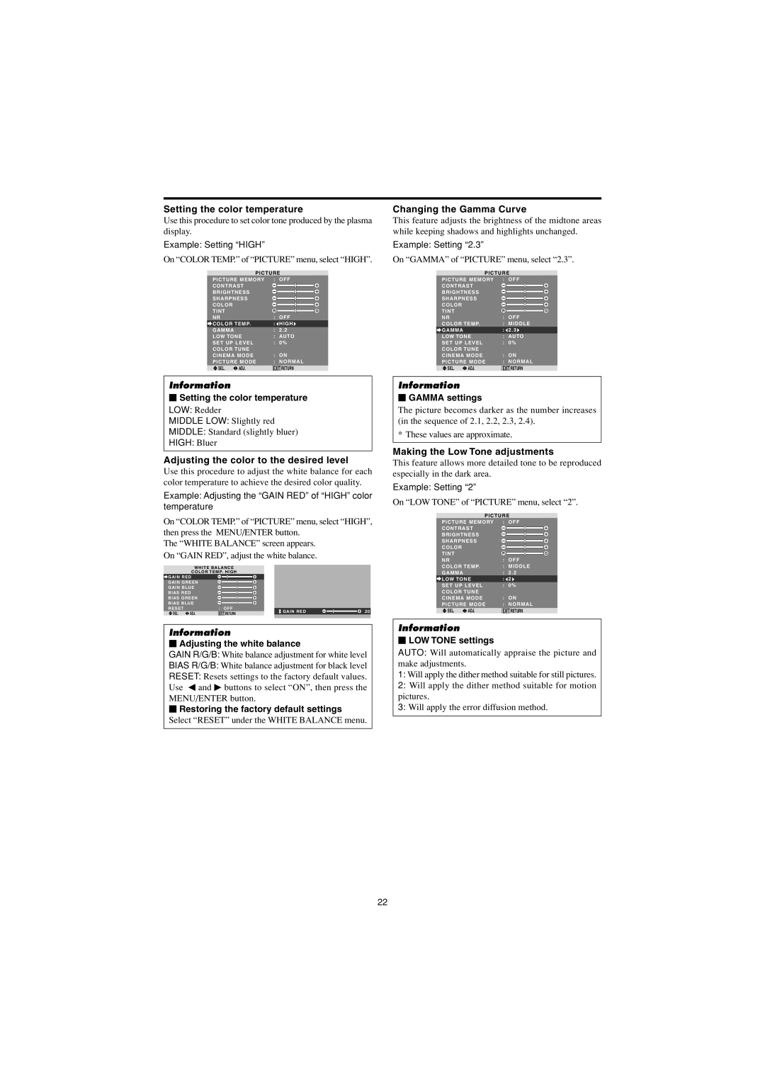 Marantz PD4250D manual Setting the color temperature, Adjusting the color to the desired level, Changing the Gamma Curve 