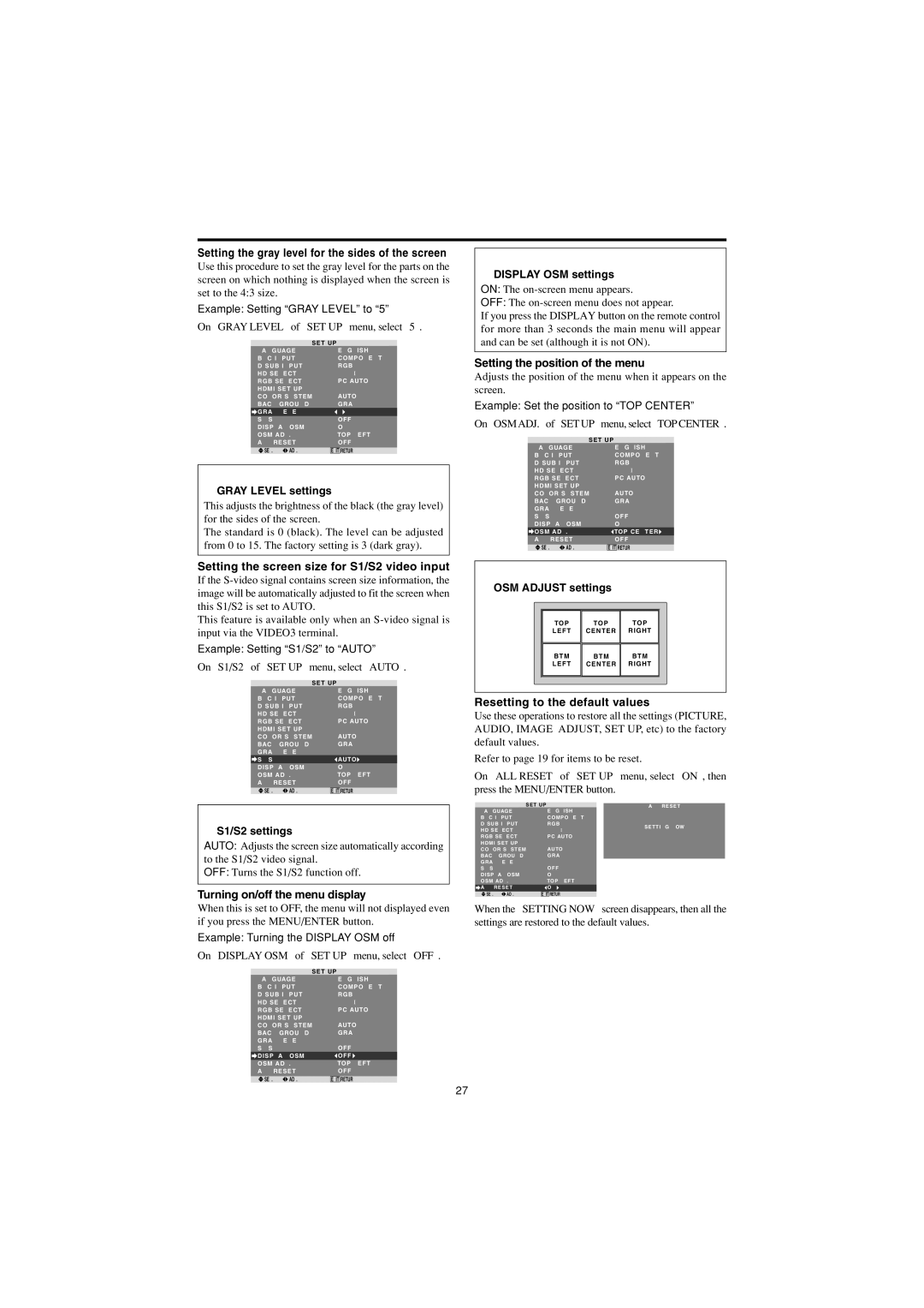 Marantz PD4250D manual Setting the screen size for S1/S2 video input, Turning on/off the menu display 