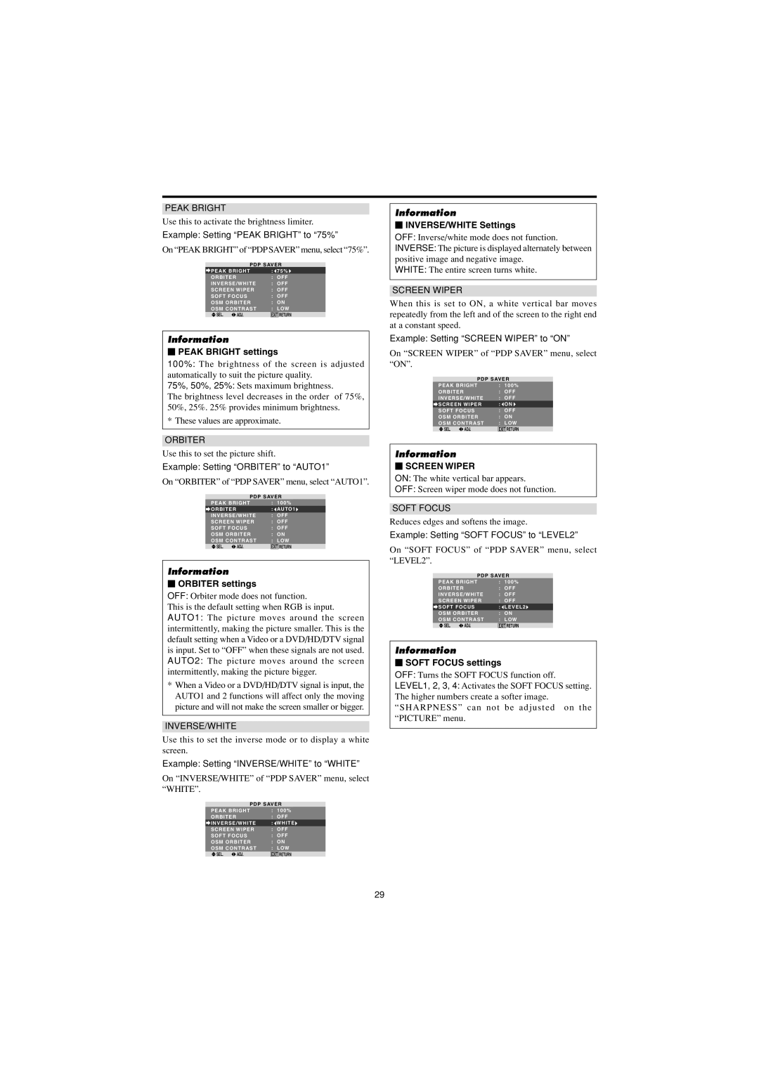 Marantz PD4250D manual Peak Bright settings, Orbiter settings, INVERSE/WHITE Settings, Soft Focus settings 