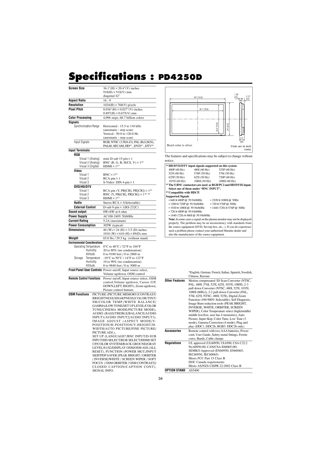 Marantz manual Specifications PD4250D, Signals 