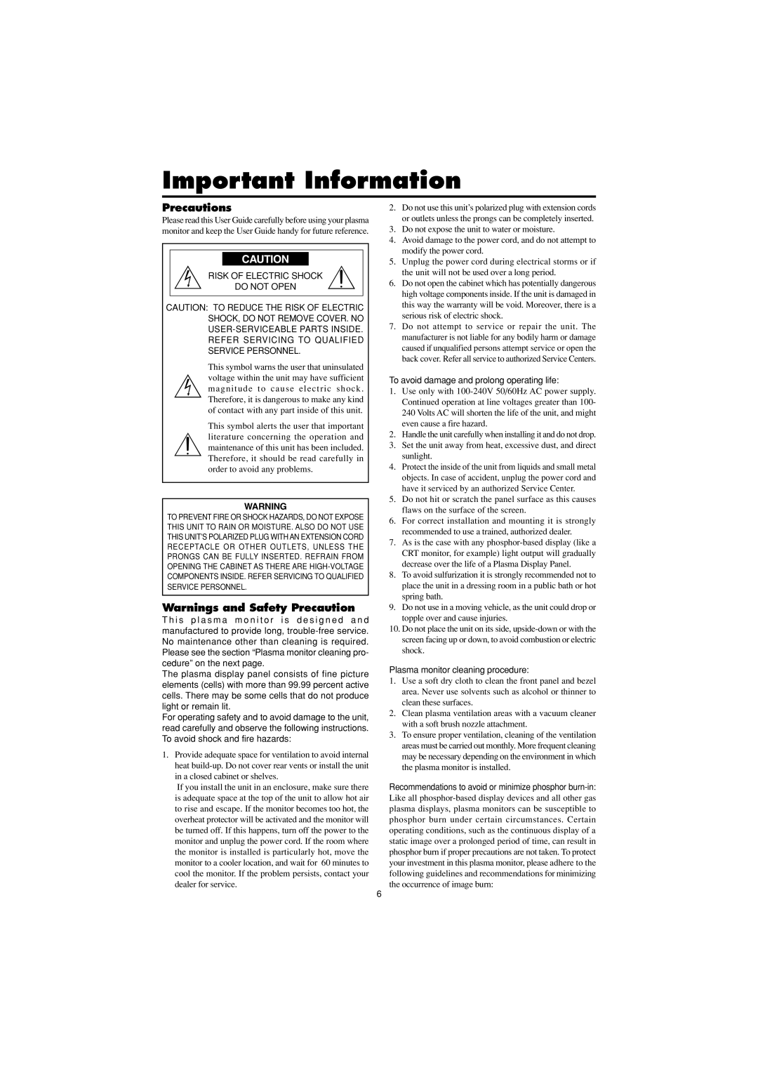 Marantz PD4250D manual Precautions, To avoid damage and prolong operating life, Plasma monitor cleaning procedure 