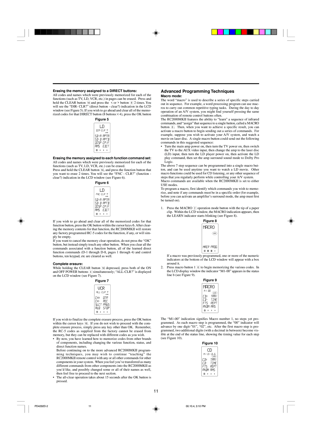 Marantz PD4292D manual Advanced Programming Techniques, Erasing the memory assigned to a Direct buttons, Complete erasure 