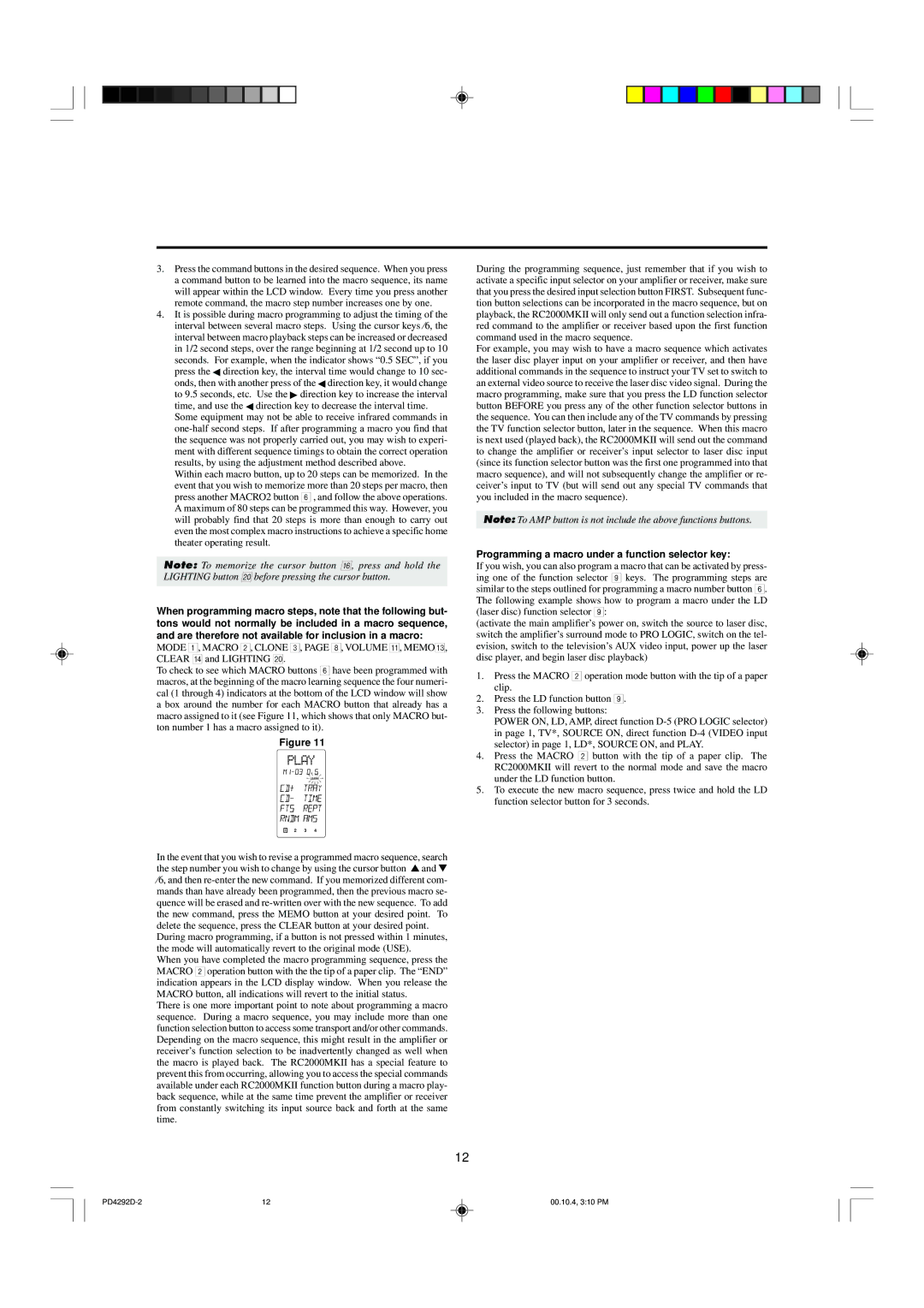 Marantz PD4292D manual Programming a macro under a function selector key 