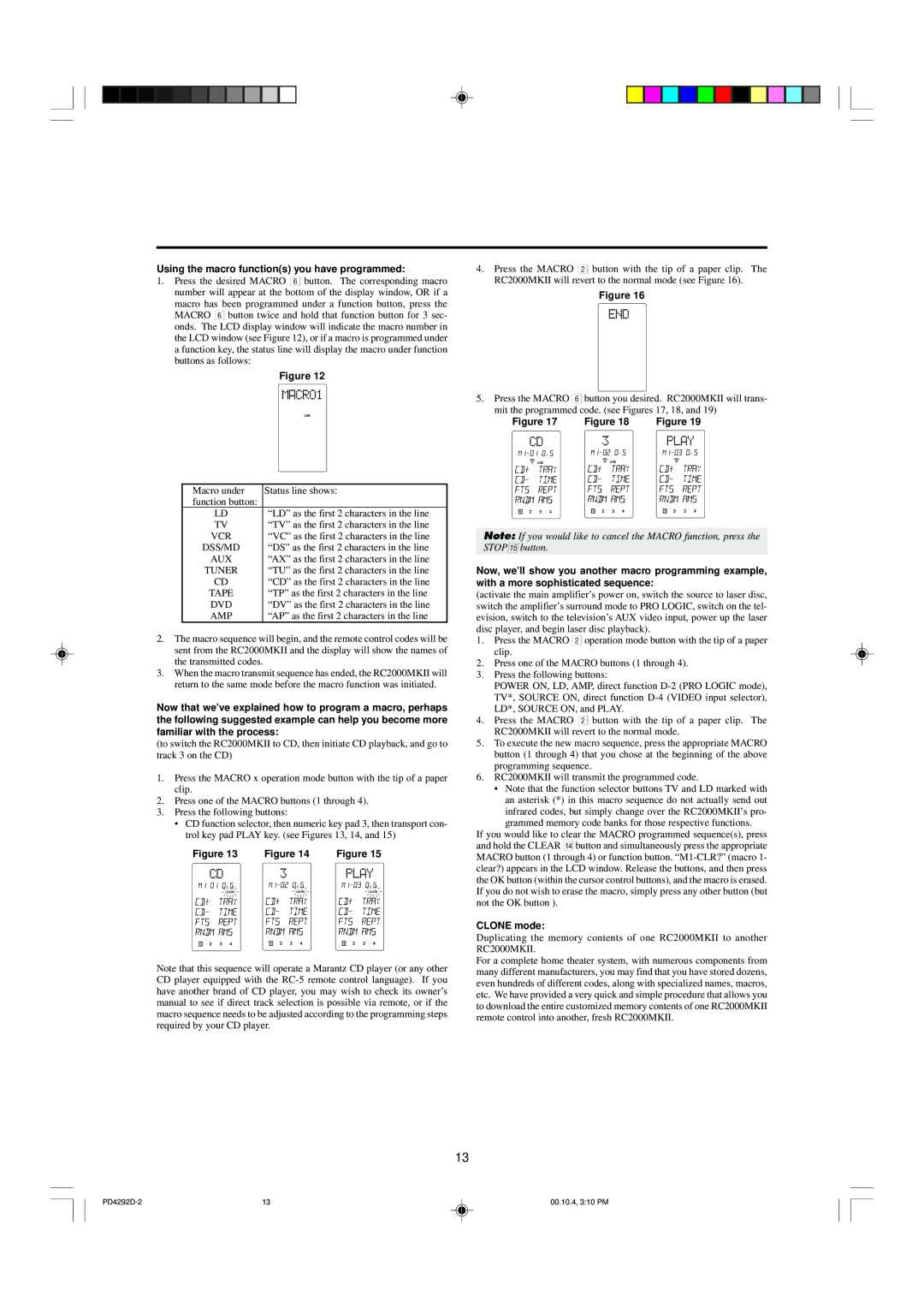 Marantz PD4292D manual Using the macro functions you have programmed, Clone mode 