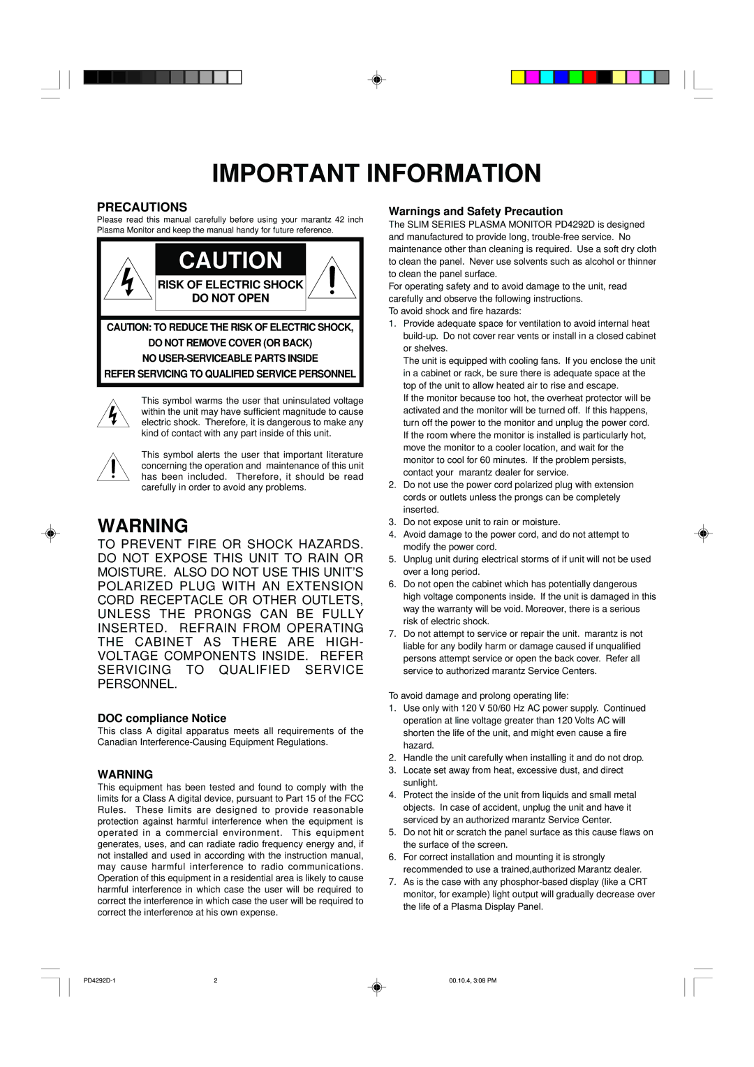 Marantz PD4292D manual Important Information 