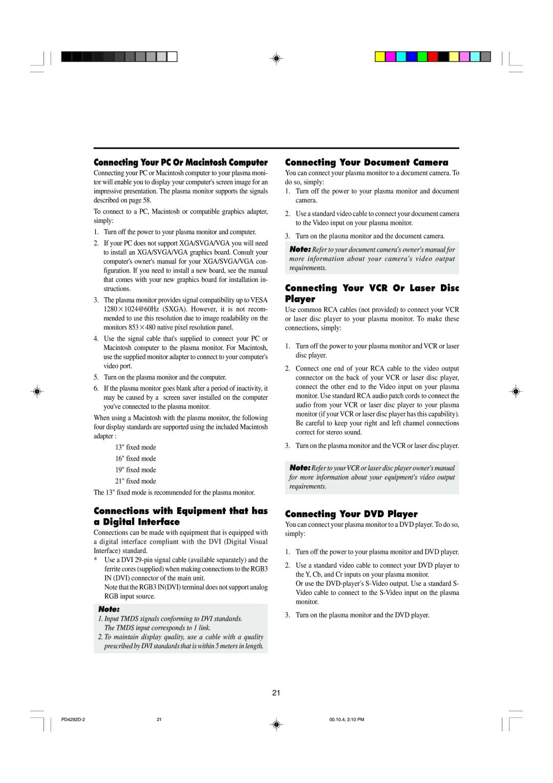 Marantz PD4292D Connecting Your Document Camera, Connecting Your VCR Or Laser Disc Player, Connecting Your DVD Player 