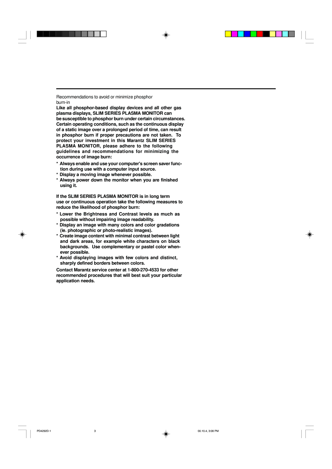 Marantz PD4292D manual Recommendations to avoid or minimize phosphor burn-in 