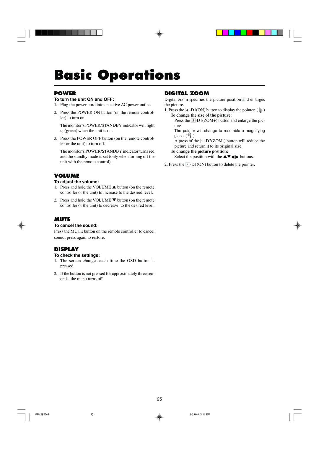 Marantz PD4292D manual Basic Operations, To turn the unit on and OFF, To adjust the volume, To cancel the sound 