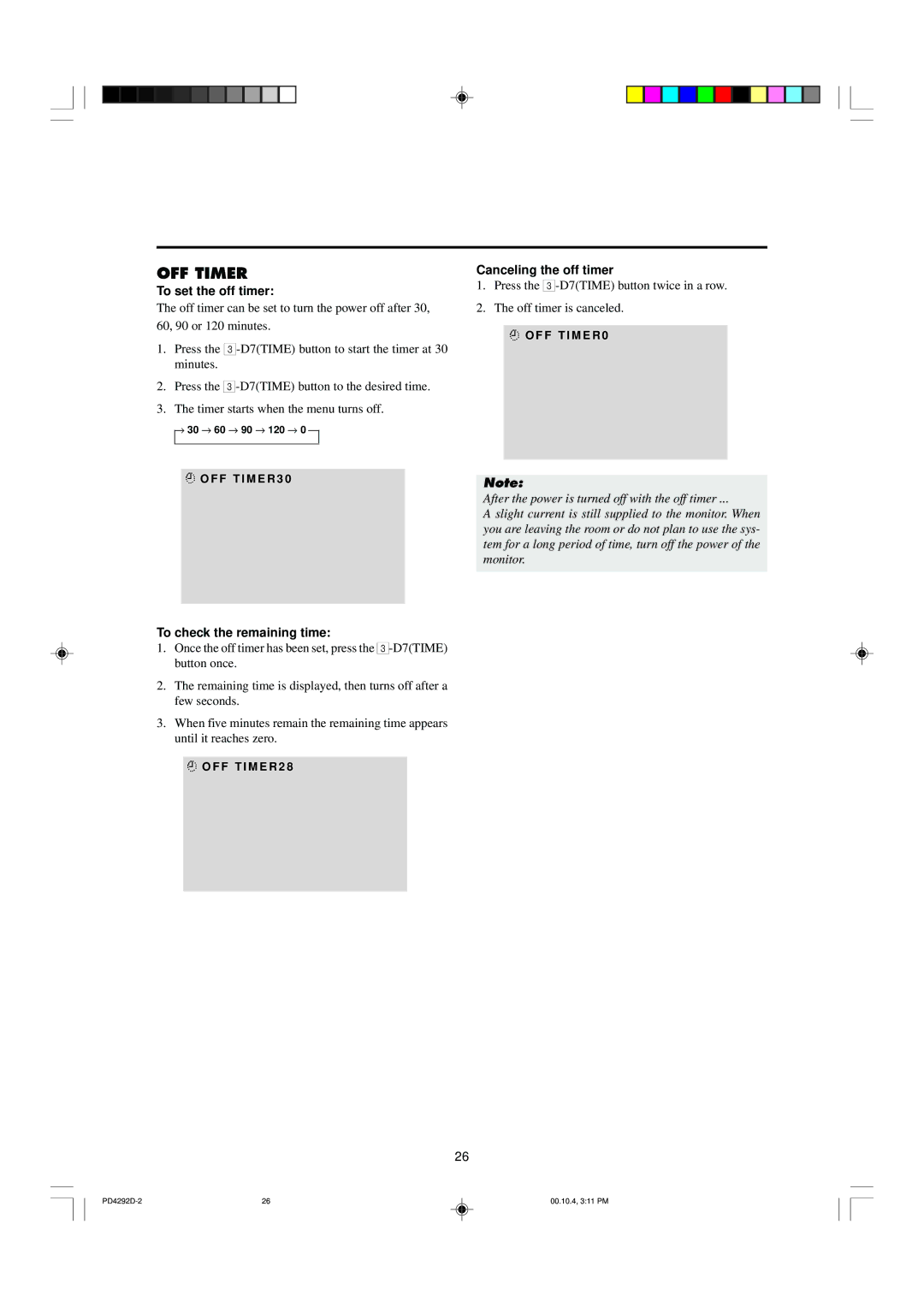Marantz PD4292D To set the off timer, Canceling the off timer, To check the remaining time, → 30 → 60 → 90 → 120 → 0 ⎯ 