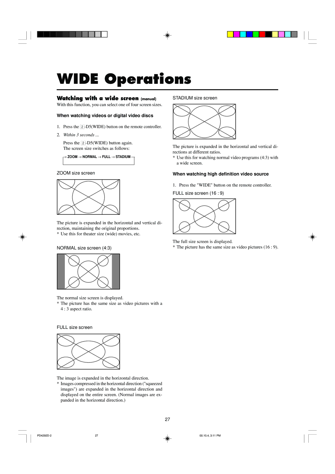 Marantz PD4292D Wide Operations, Watching with a wide screen manual, When watching videos or digital video discs 