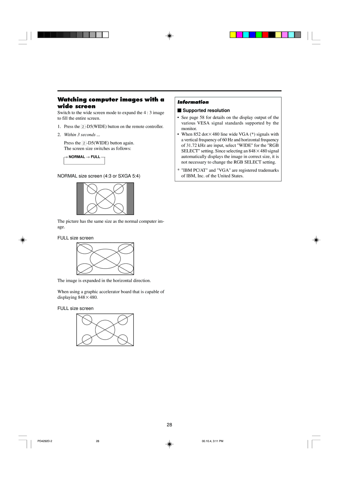 Marantz PD4292D manual Watching computer images with a wide screen, Normal size screen 43 or Sxga, Supported resolution 