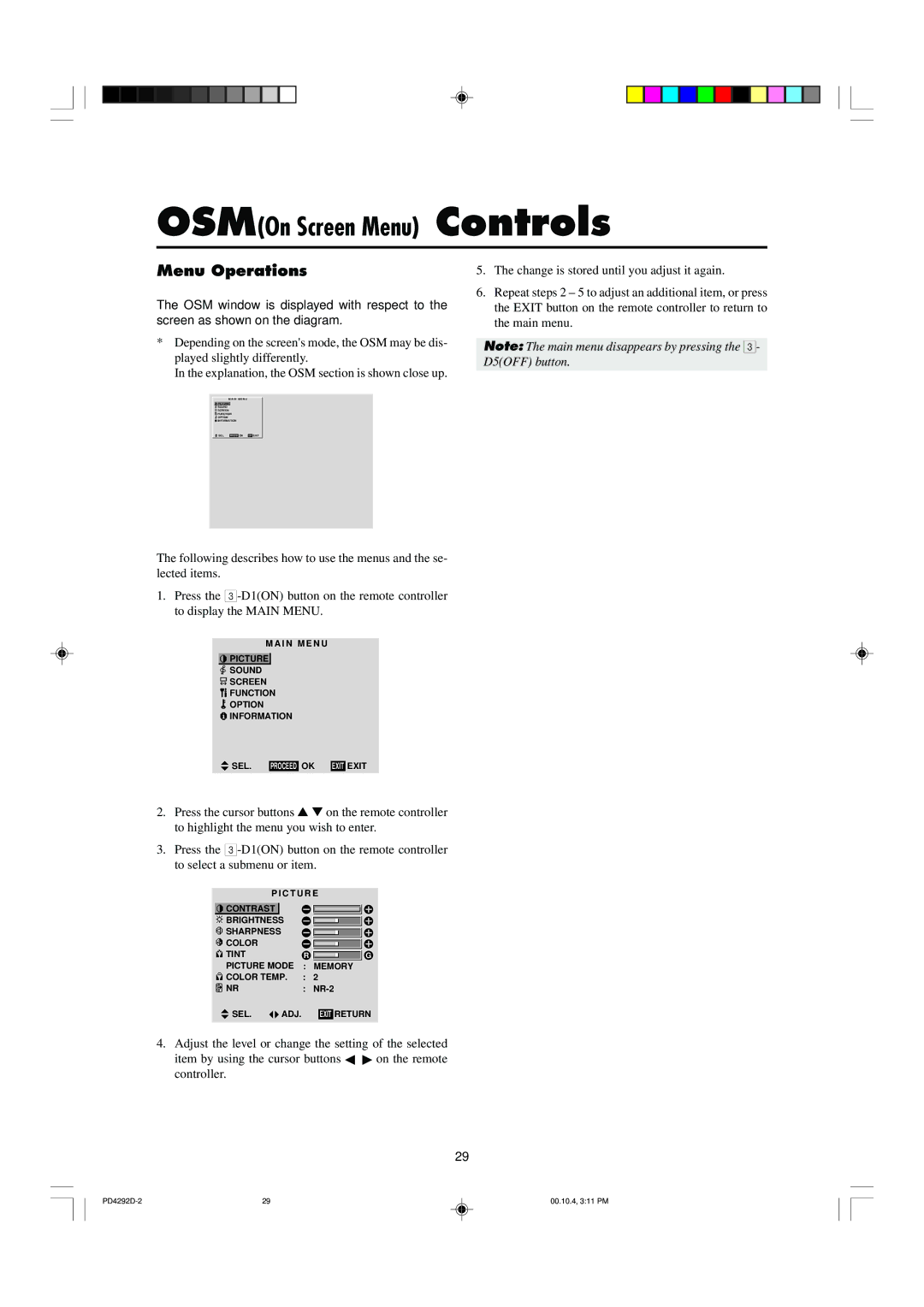 Marantz PD4292D manual OSMOn Screen Menu Controls, Menu Operations 