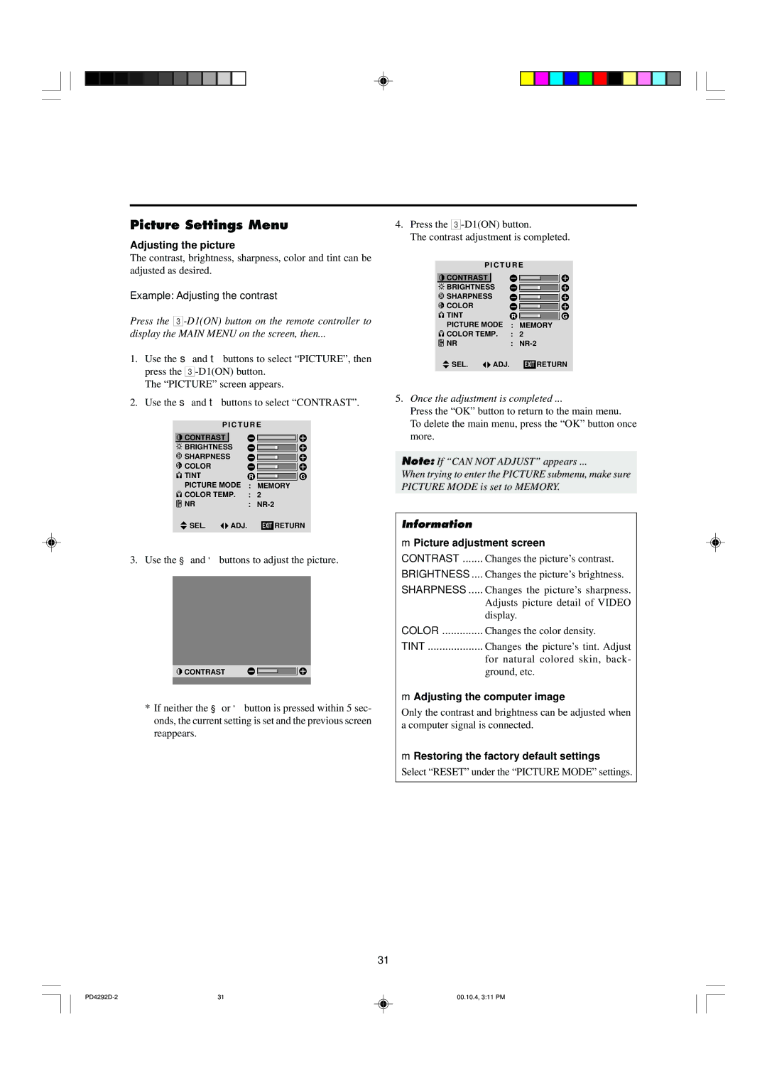 Marantz PD4292D Picture Settings Menu, Adjusting the picture, Picture adjustment screen, Adjusting the computer image 