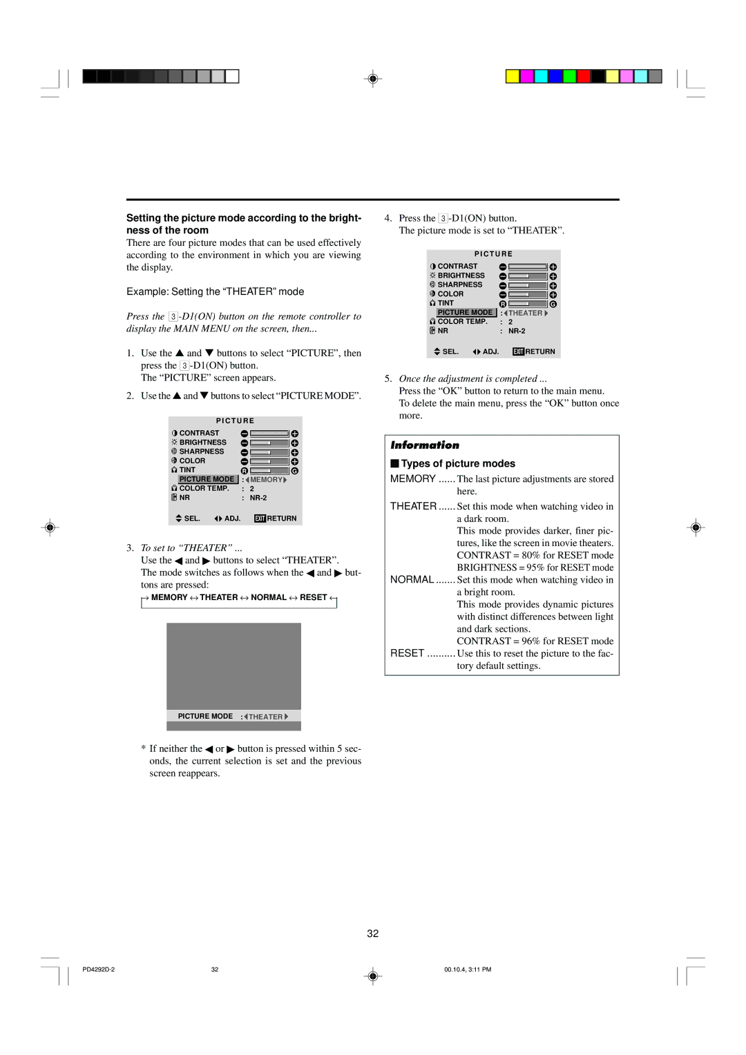 Marantz PD4292D manual Example Setting the Theater mode, To set to Theater, Types of picture modes 