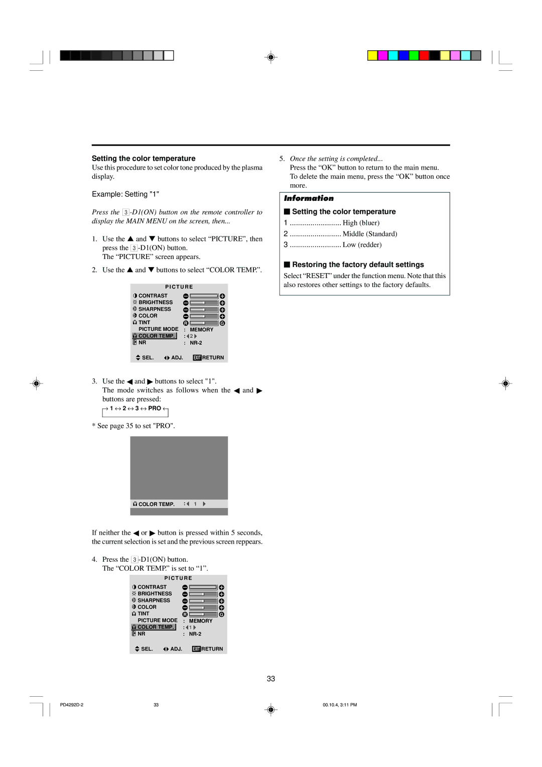 Marantz PD4292D manual Setting the color temperature, Example Setting, Once the setting is completed, → 1 ↔ 2 ↔ 3 ↔ PRO ← 