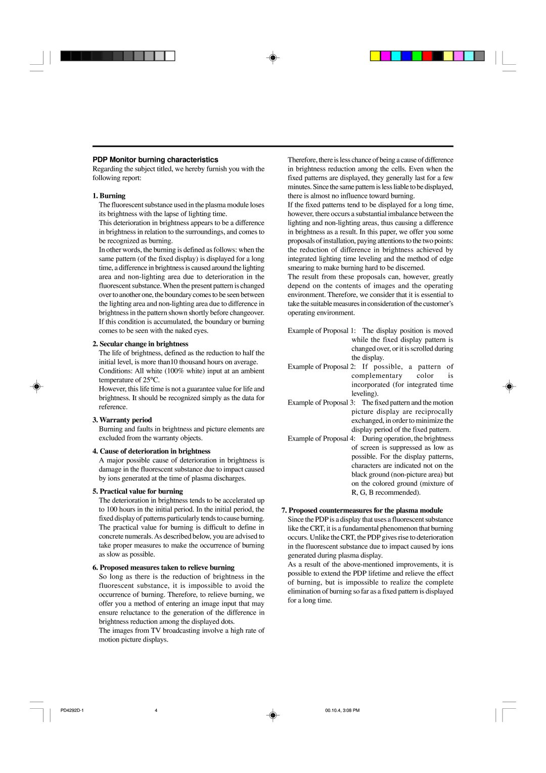 Marantz PD4292D manual PDP Monitor burning characteristics, Burning 
