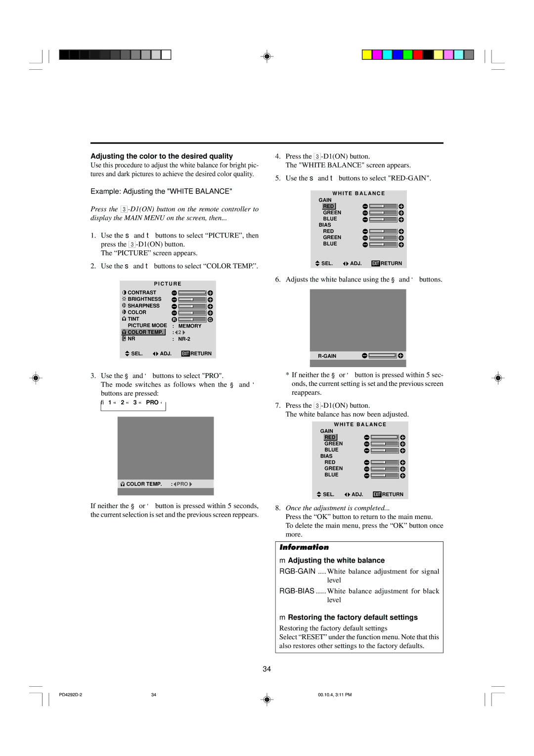 Marantz PD4292D manual Adjusting the color to the desired quality, Example Adjusting the White Balance 