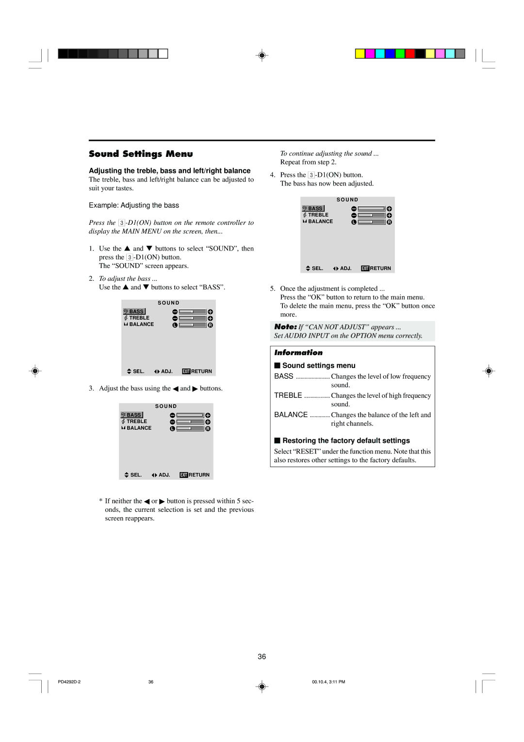 Marantz PD4292D manual Sound Settings Menu, Adjusting the treble, bass and left/right balance, Example Adjusting the bass 