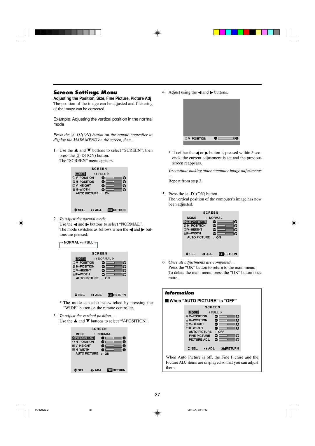 Marantz PD4292D Screen Settings Menu, Example Adjusting the vertical position in the normal mode, When Auto Picture is OFF 