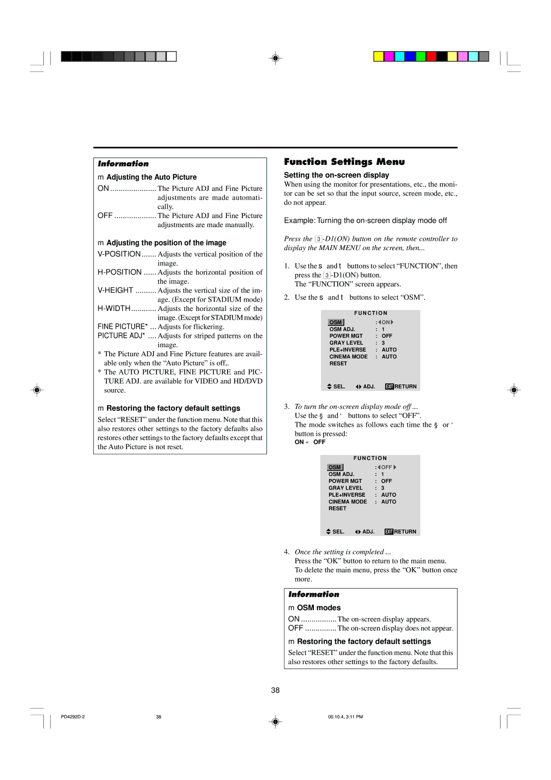 Marantz PD4292D manual Function Settings Menu, Adjusting the Auto Picture, Adjusting the position of the image, OSM modes 