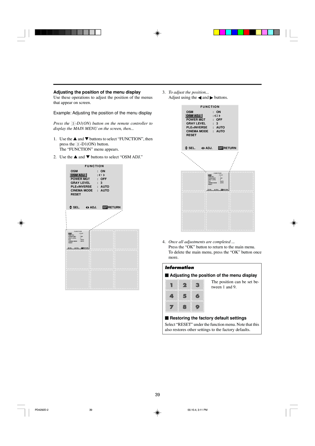 Marantz PD4292D manual Example Adjusting the position of the menu display, To adjust the position 