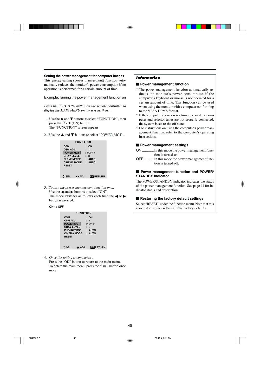 Marantz PD4292D manual Setting the power management for computer images, ExampleTurning the power management function on 