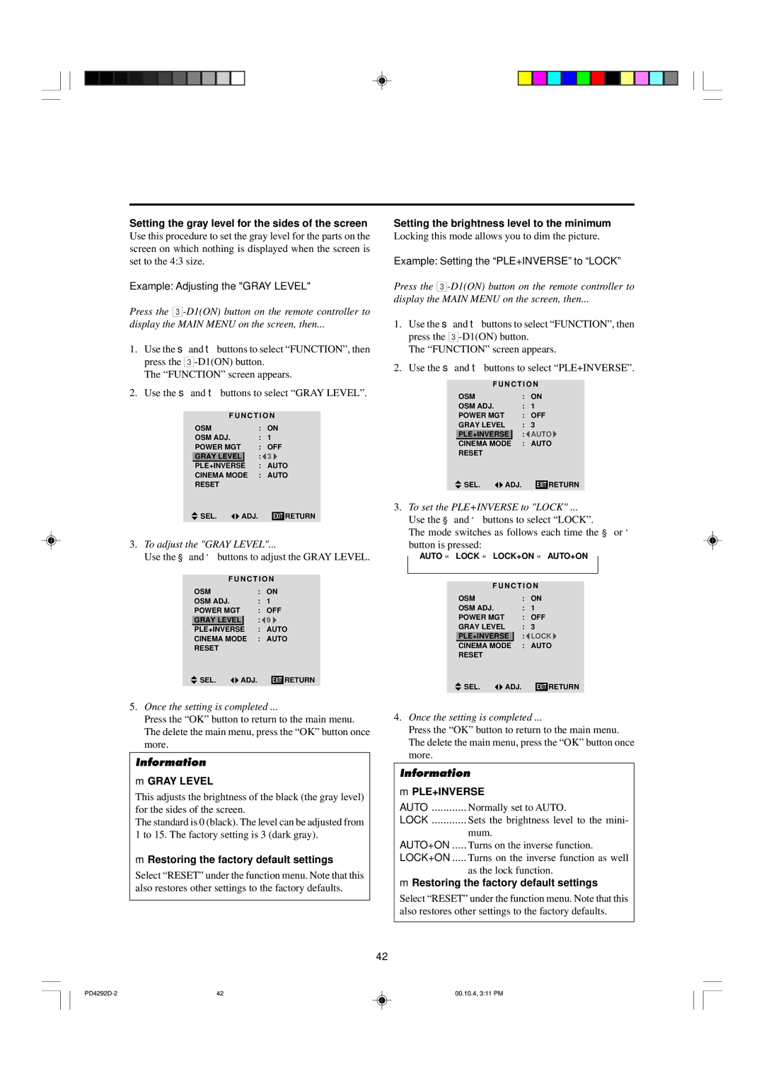 Marantz PD4292D manual Setting the gray level for the sides of the screen, Example Adjusting the Gray Level 