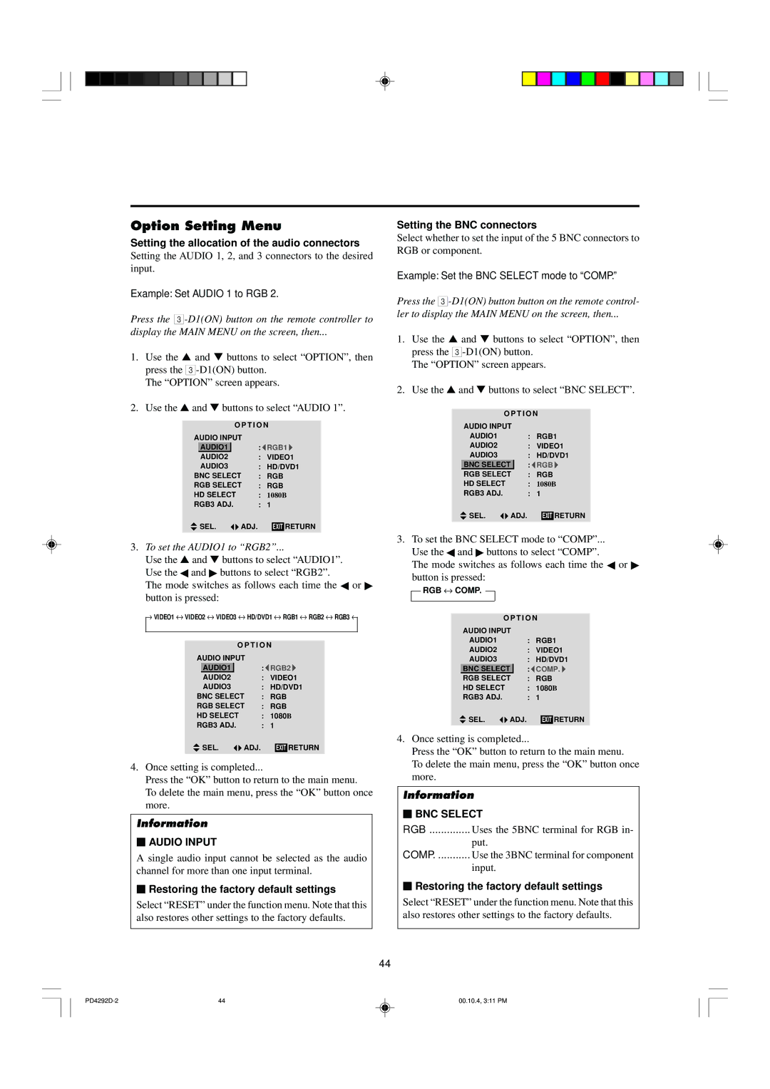 Marantz PD4292D manual Option Setting Menu, Setting the allocation of the audio connectors, Example Set Audio 1 to RGB 