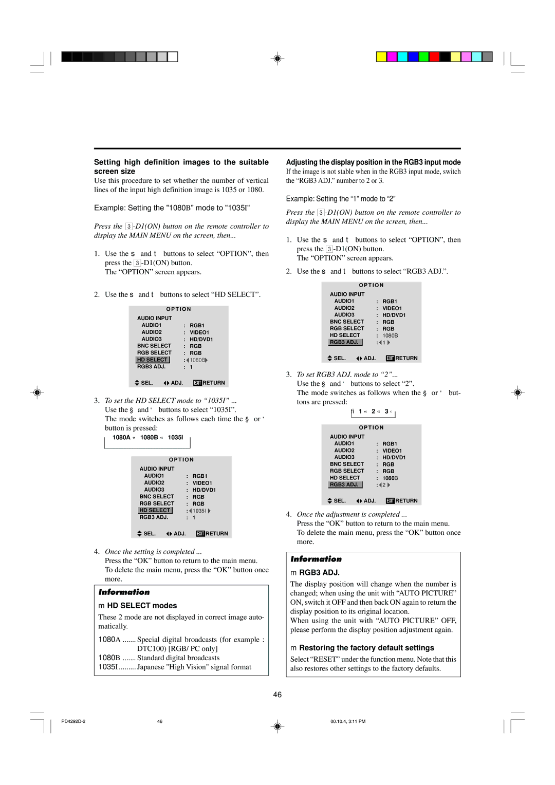 Marantz PD4292D manual Setting high definition images to the suitable screen size, Example Setting the 1080B mode to 