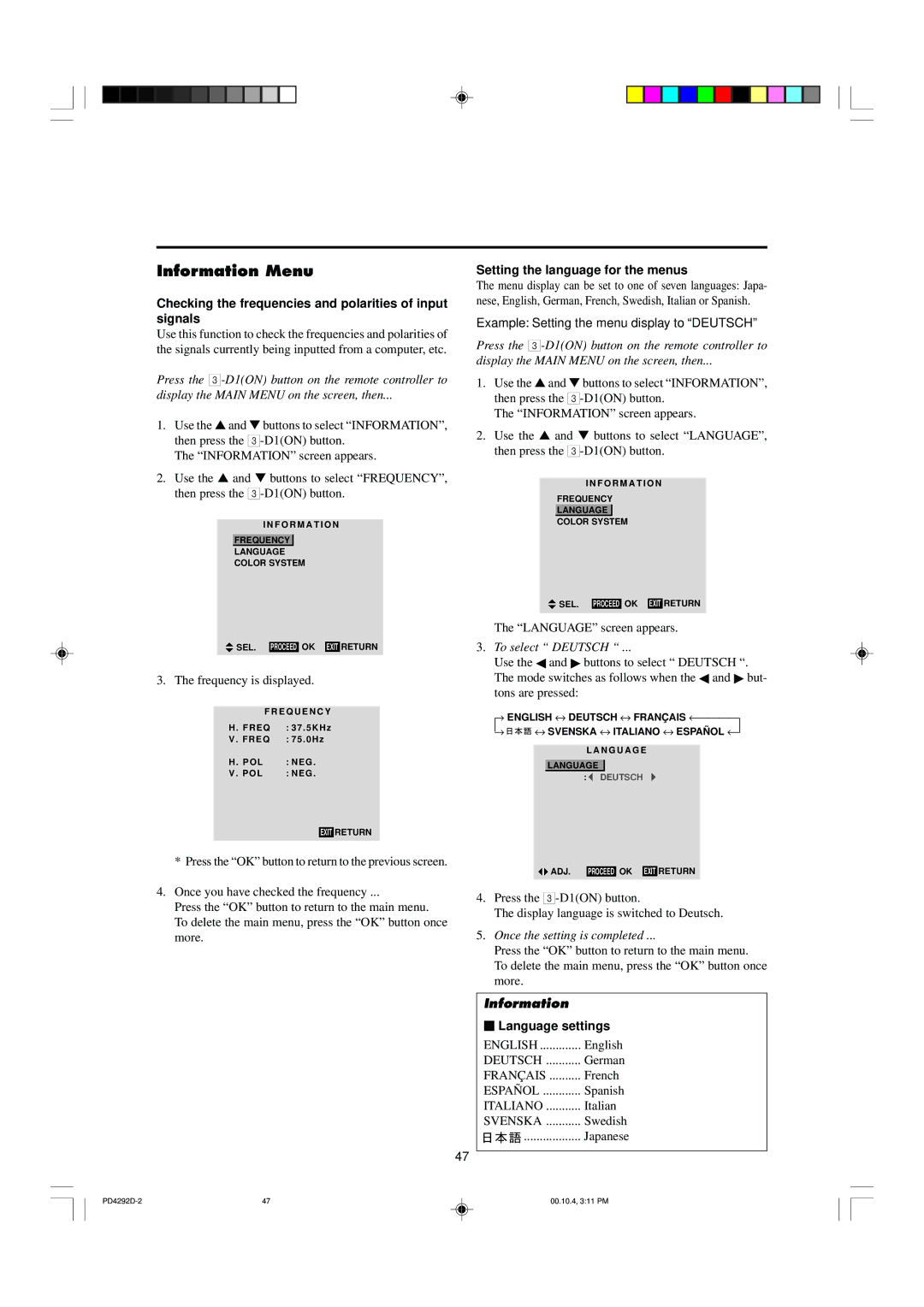 Marantz PD4292D manual Information Menu, Checking the frequencies and polarities of input signals, Language settings 