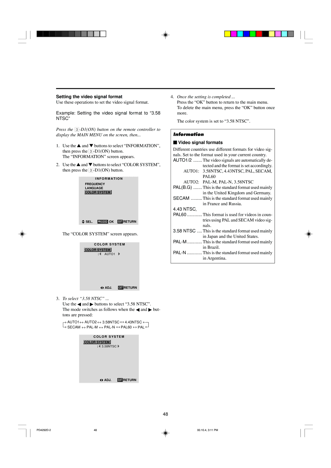 Marantz PD4292D manual Example Setting the video signal format to 3.58 Ntsc, Video signal formats, To select 3.58 Ntsc 