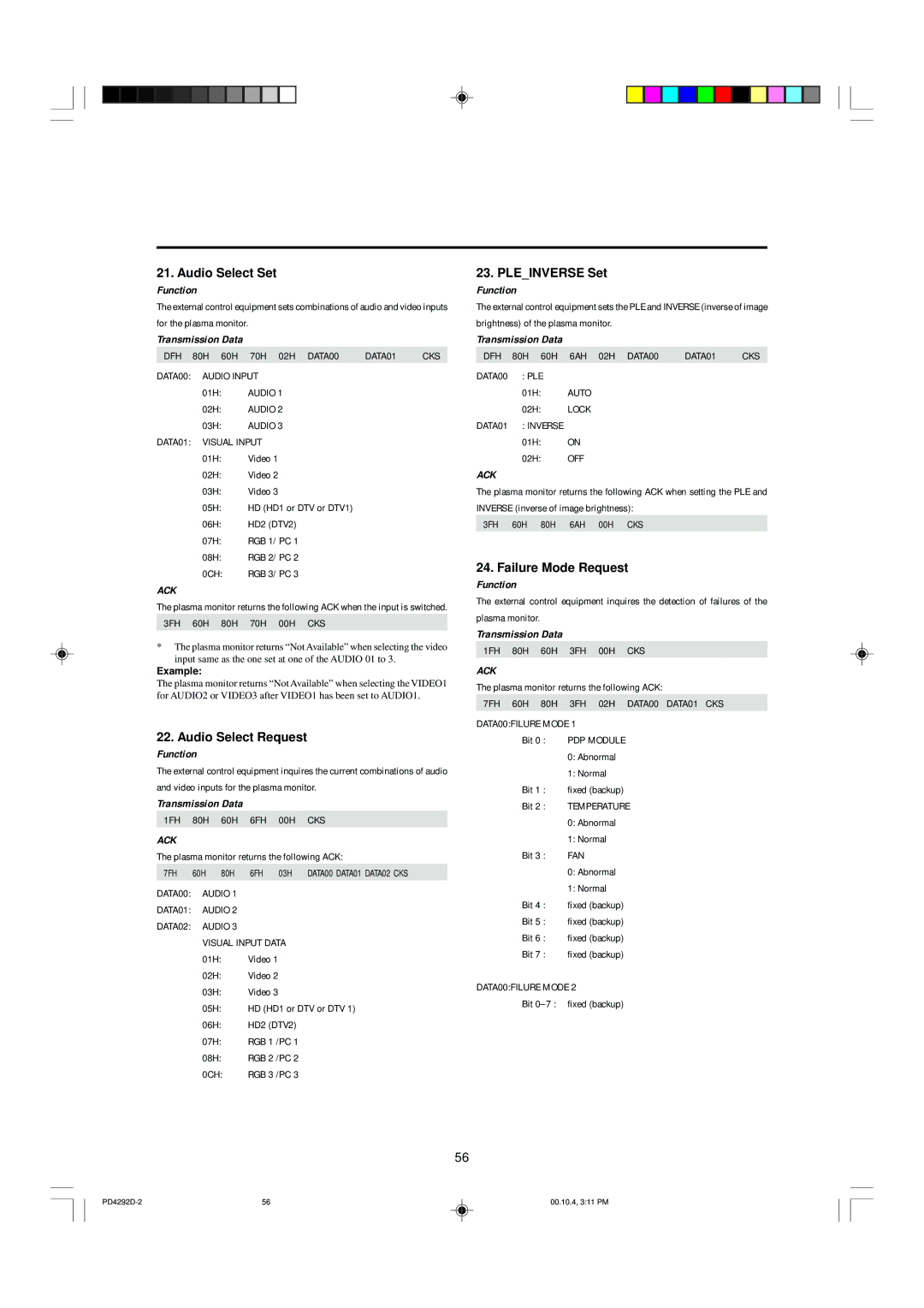 Marantz PD4292D manual Audio Select Set, Audio Select Request, Pleinverse Set, Failure Mode Request, Example 