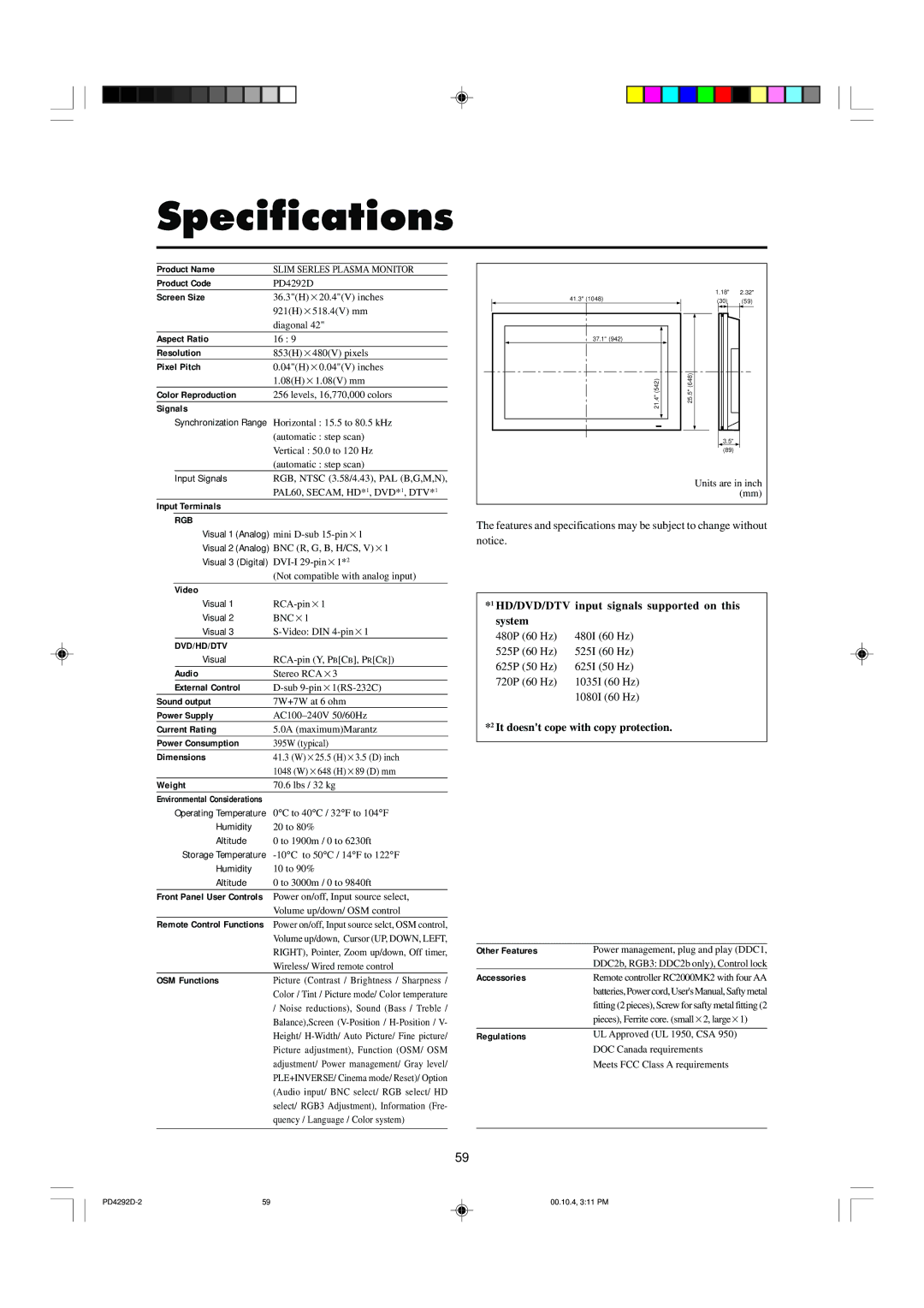 Marantz PD4292D manual Specifications 