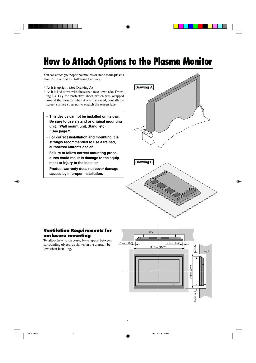 Marantz PD4292D manual How to Attach Options to the Plasma Monitor, Ventilation Requirements for enclosure mounting 