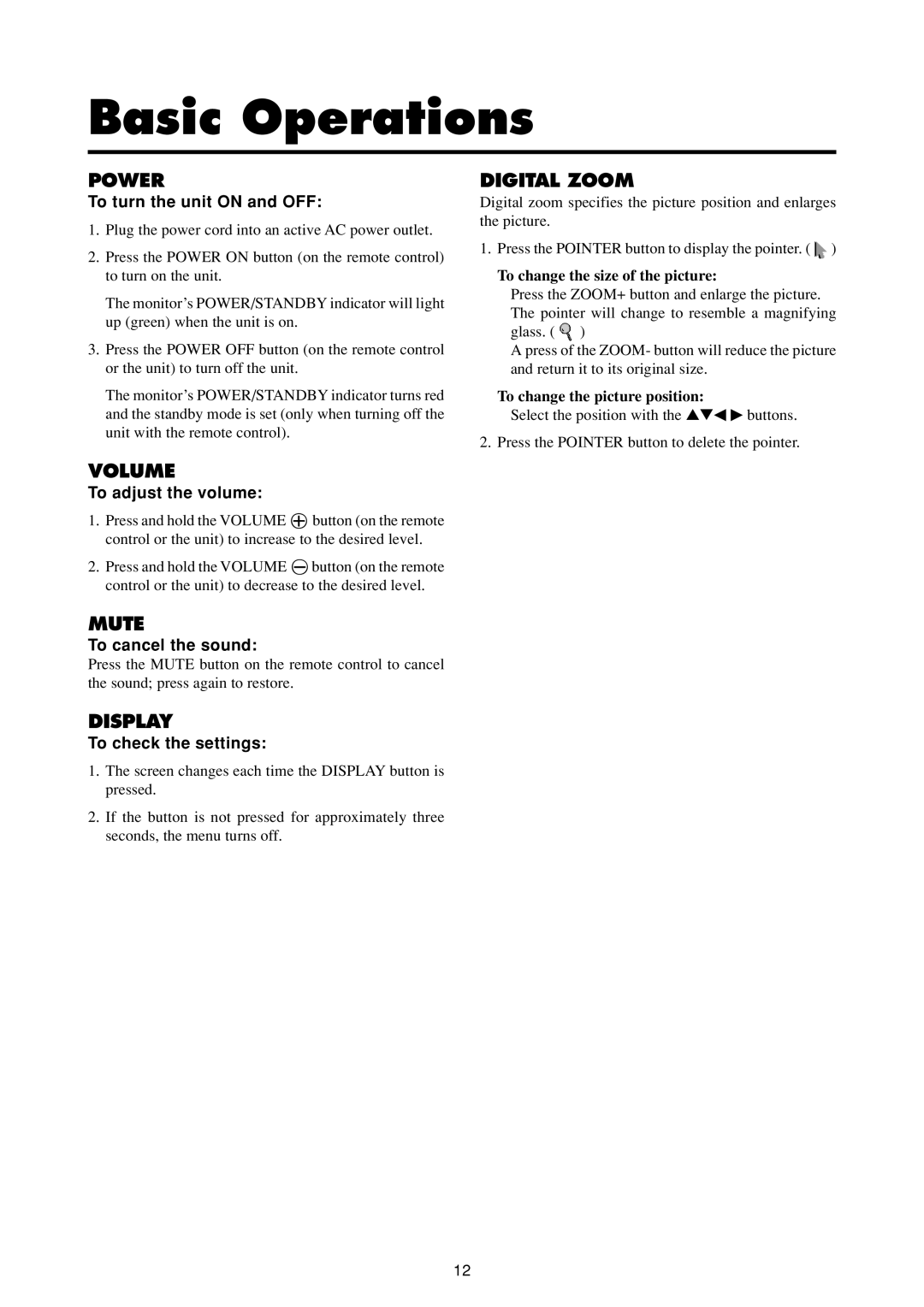 Marantz PD4293D manual Basic Operations, To turn the unit on and OFF, To adjust the volume, To cancel the sound 