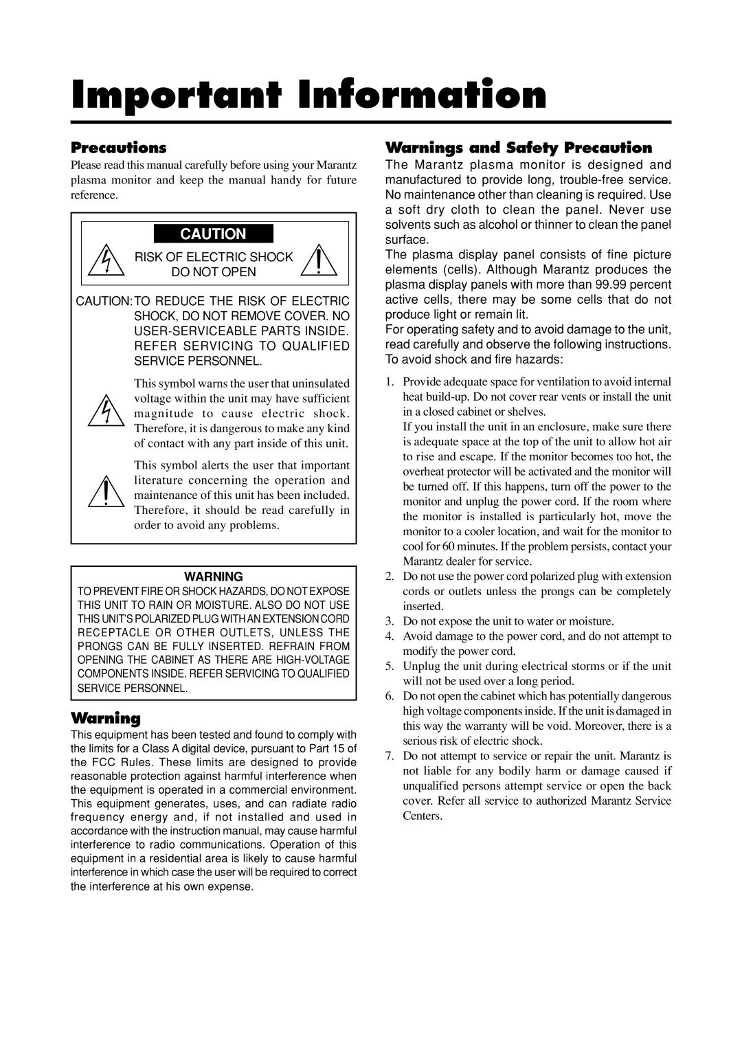 Marantz PD4293D manual Important Information, Precautions 