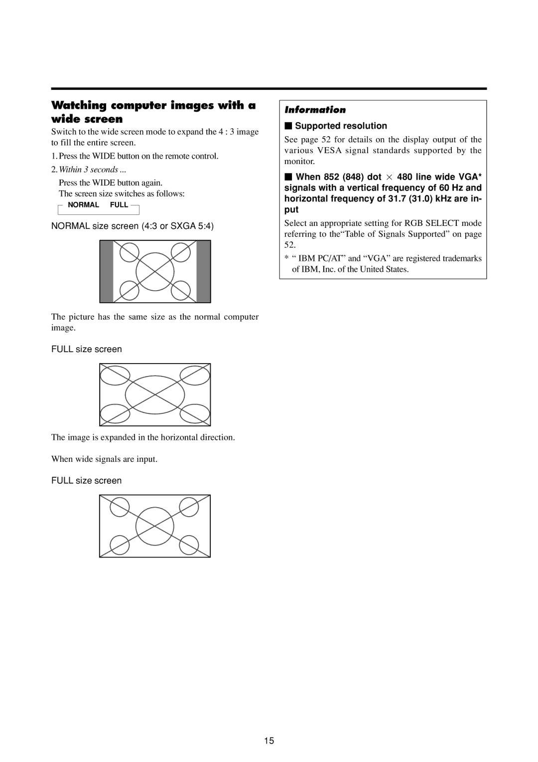 Marantz PD4293D manual Watching computer images with a wide screen, Normal size screen 43 or Sxga,  Supported resolution 