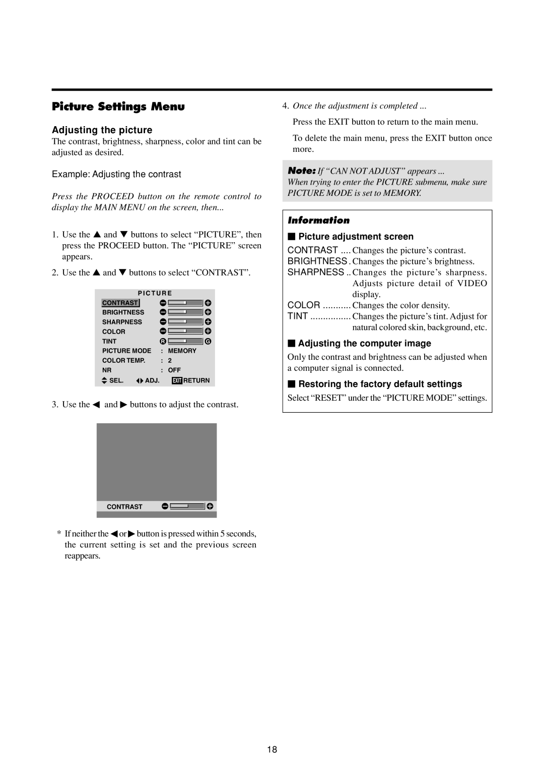 Marantz PD4293D Picture Settings Menu, Adjusting the picture,  Picture adjustment screen,  Adjusting the computer image 