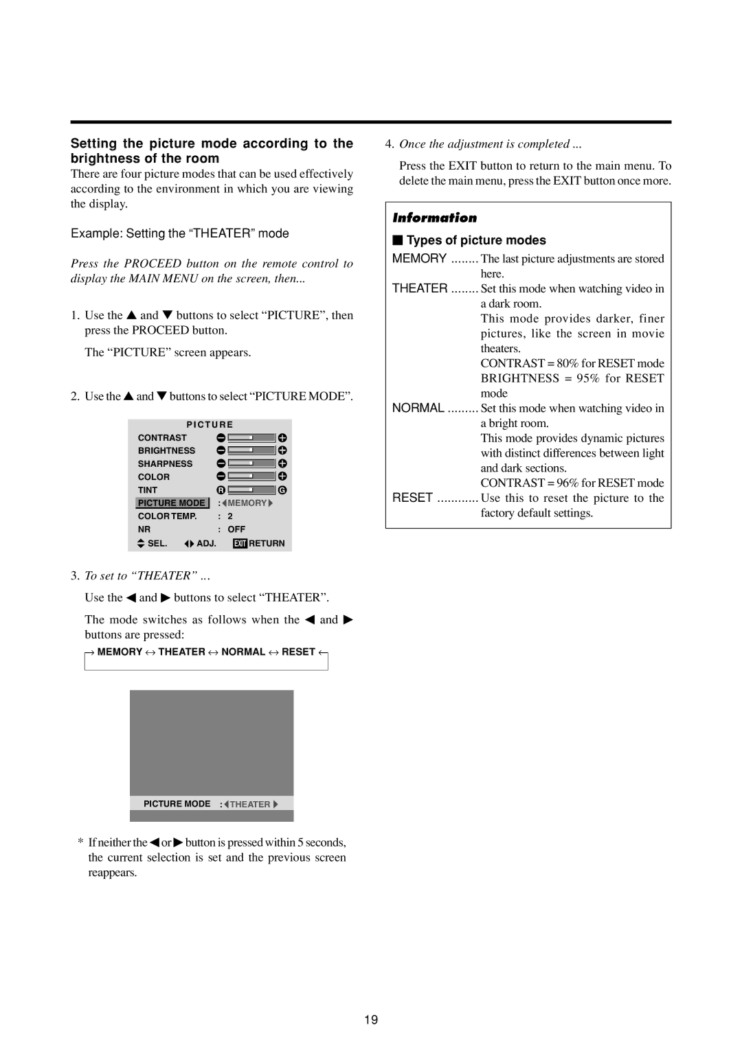 Marantz PD4293D manual Example Setting the Theater mode, To set to Theater,  Types of picture modes 