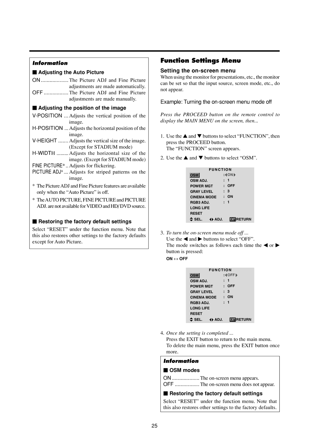 Marantz PD4293D manual Function Settings Menu, Setting the on-screen menu 