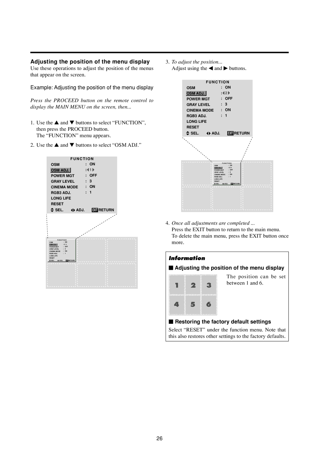 Marantz PD4293D manual Example Adjusting the position of the menu display, To adjust the position 