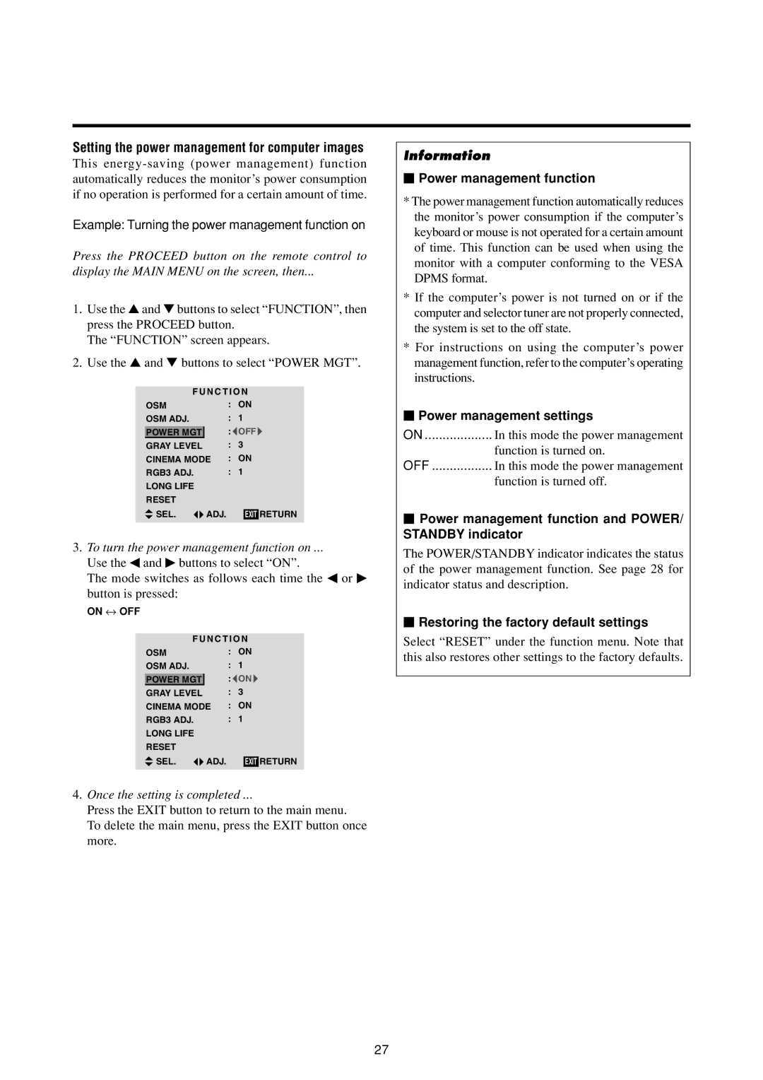 Marantz PD4293D manual Setting the power management for computer images, Example Turning the power management function on 