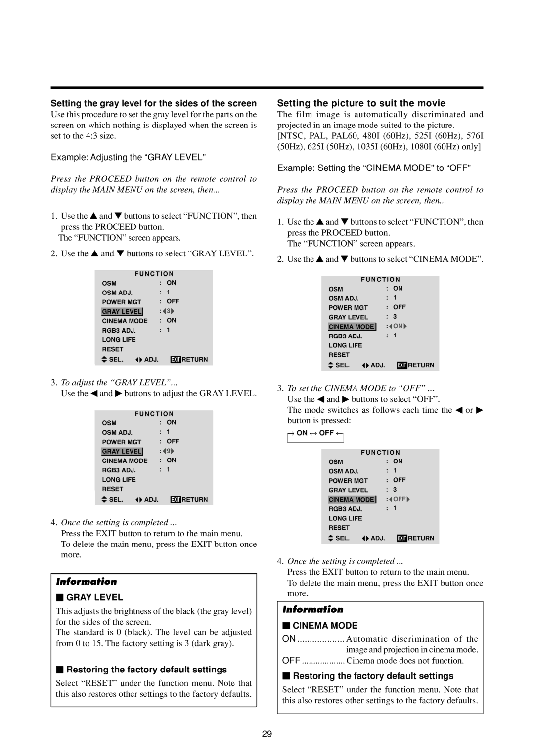 Marantz PD4293D manual Setting the picture to suit the movie, Example Adjusting the Gray Level, To adjust the Gray Level 