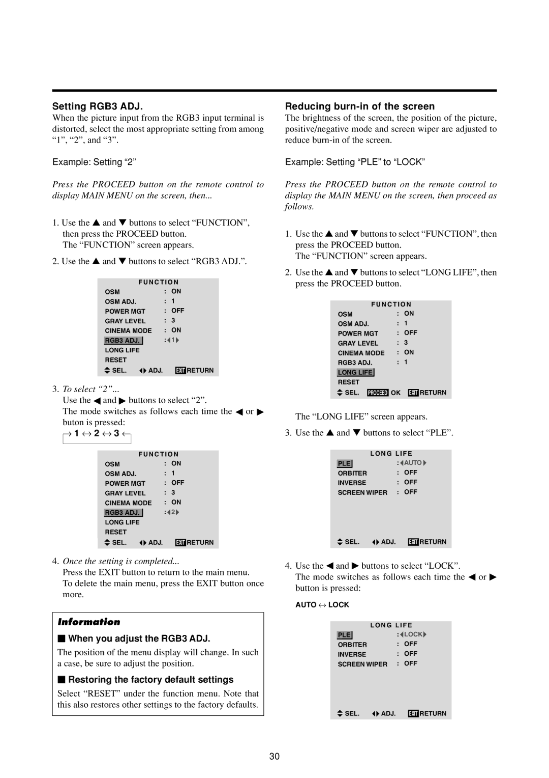 Marantz PD4293D manual Setting RGB3 ADJ, Reducing burn-in of the screen, Example Setting PLE to Lock, To select 