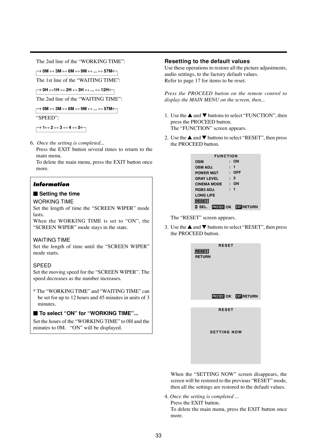 Marantz PD4293D manual Resetting to the default values, To select on for Working Time 