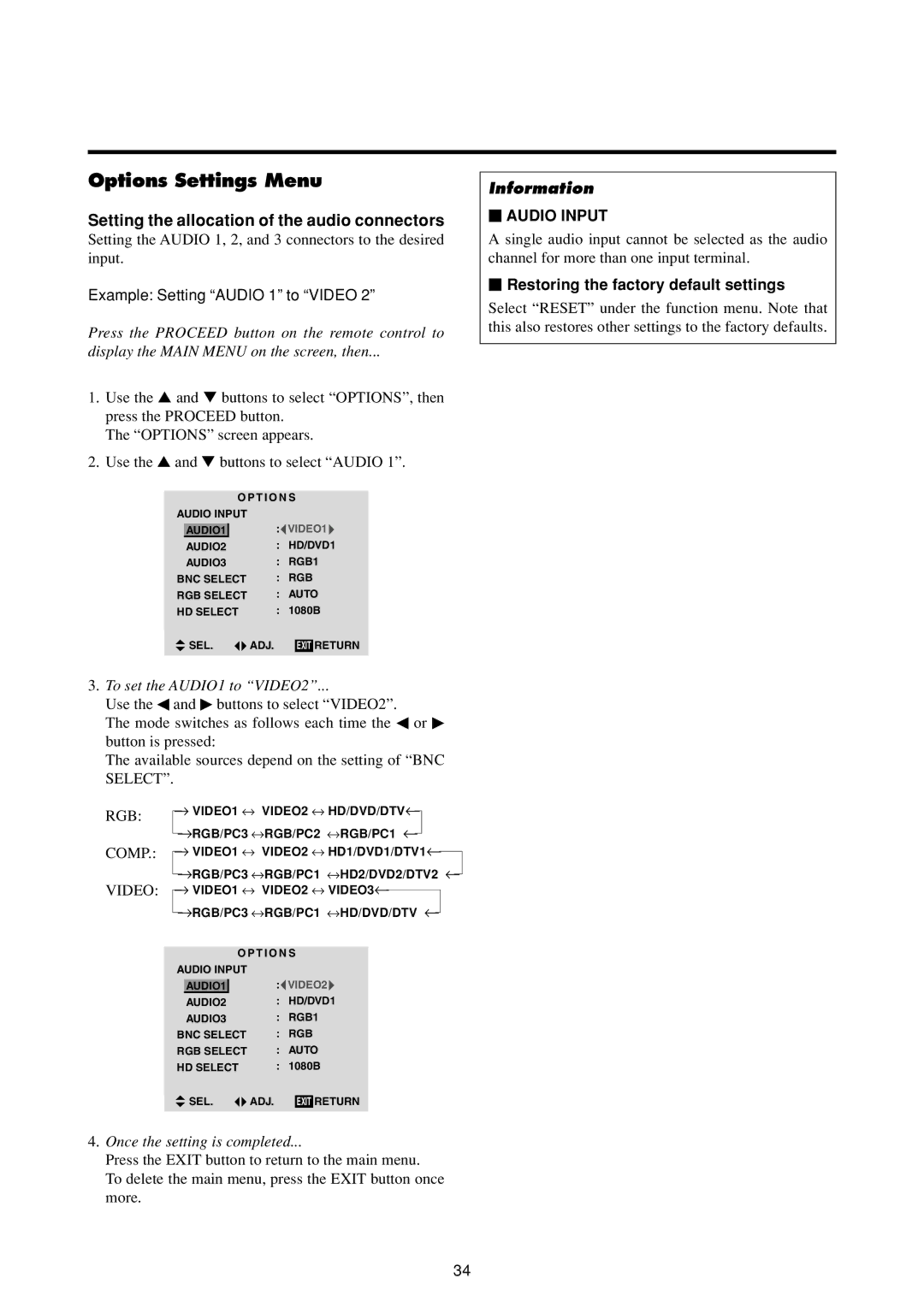 Marantz PD4293D Options Settings Menu, Setting the allocation of the audio connectors, Example Setting Audio 1 to Video 