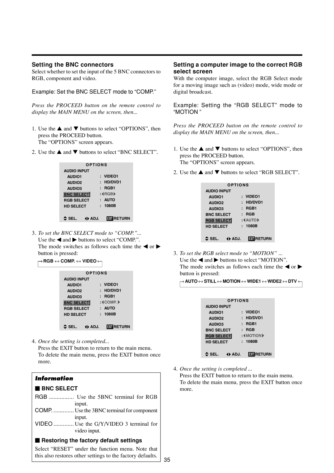 Marantz PD4293D manual Setting the BNC connectors, Setting a computer image to the correct RGB select screen 