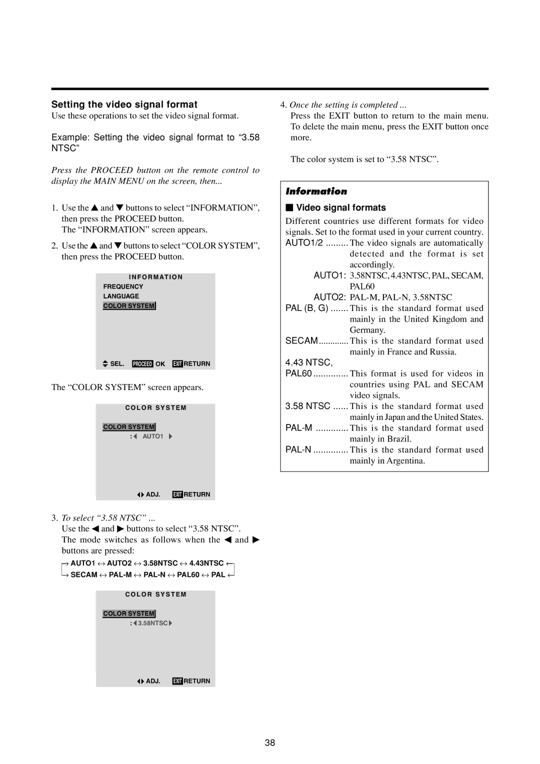 Marantz PD4293D manual Example Setting the video signal format to 3.58 Ntsc, To select 3.58 Ntsc, Video signal formats 