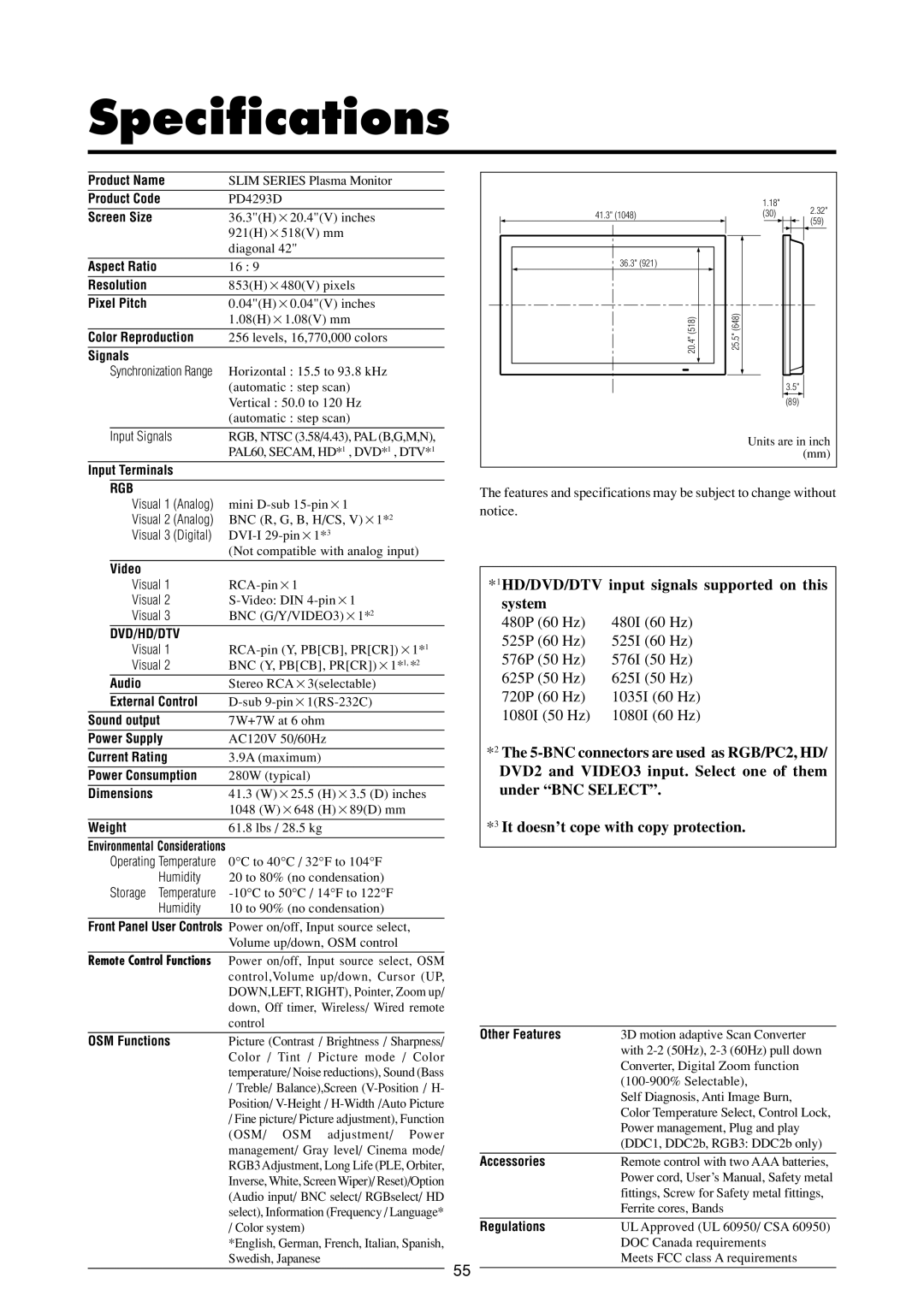 Marantz PD4293D manual Specifications, Signals 